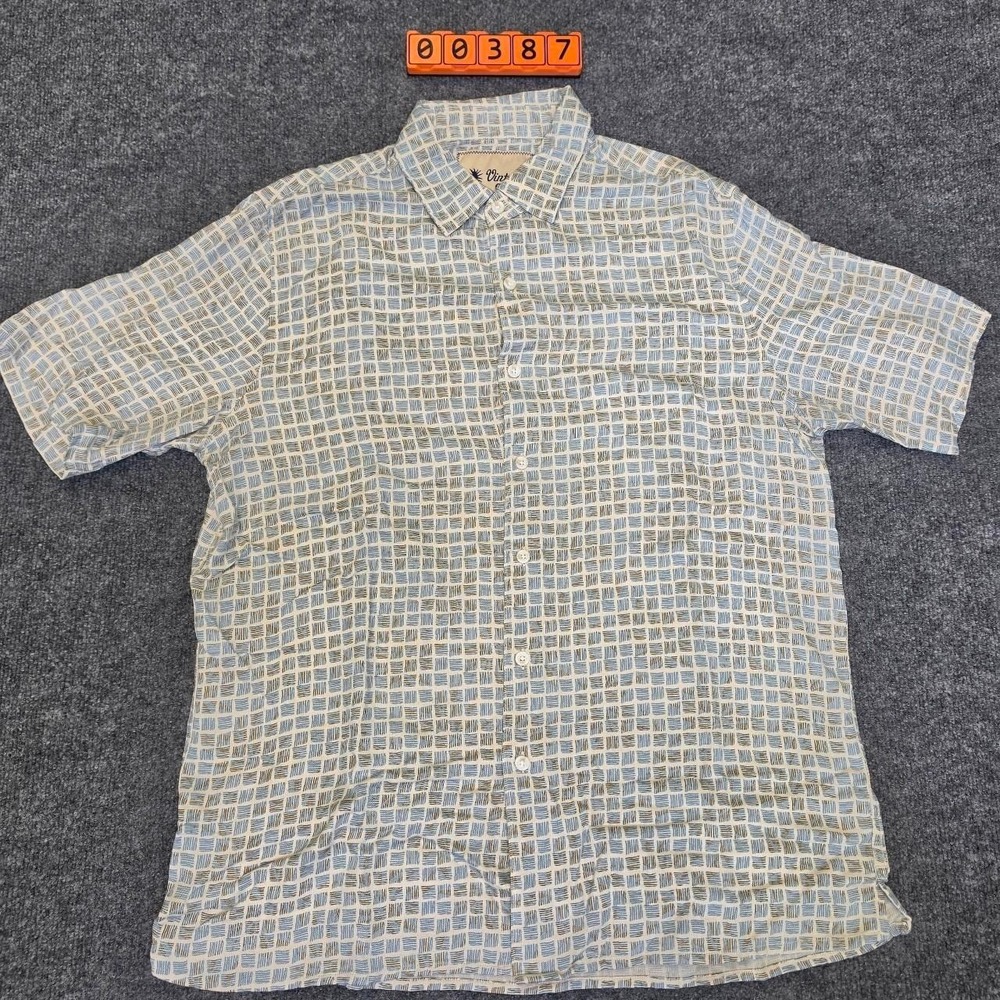 Vintage Silk Men's Button Up Shirt Size Medium. Blue & Beige Checkered Pattern